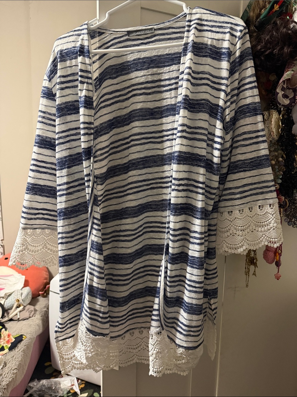 Suzy Shier Blue and White Striped Lace-Trim Cardigan